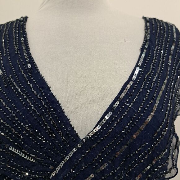 Patra Silk Elegant Sequin Beaded V Neck Party Maxi Dress Size 12 Navy - Picture 16 of 17